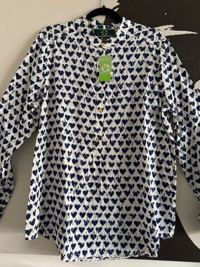 C. Wonder White Blouse with Navy Heart Print and Gold Button